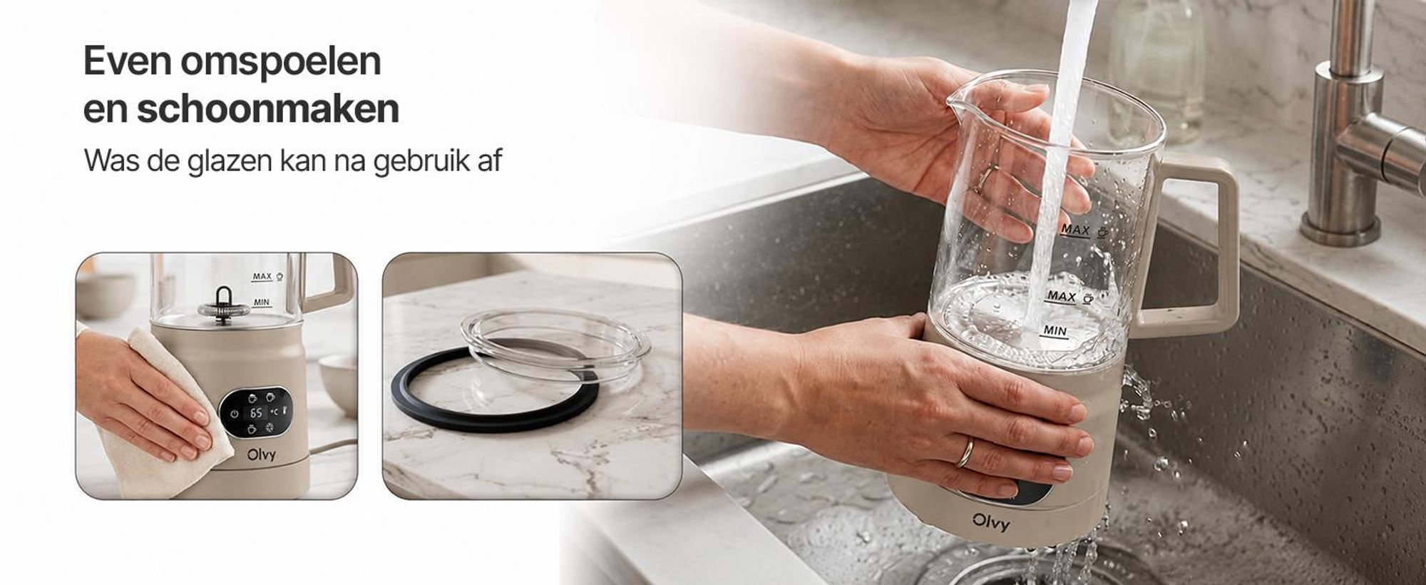 Olvy Elektrische melkschuimer van glas, 4-in-1, 500W, met temperatuurindicator, 160 ml melkschuim, 400 ml verwarmde melk, voor warme en koude melkschuim, beige