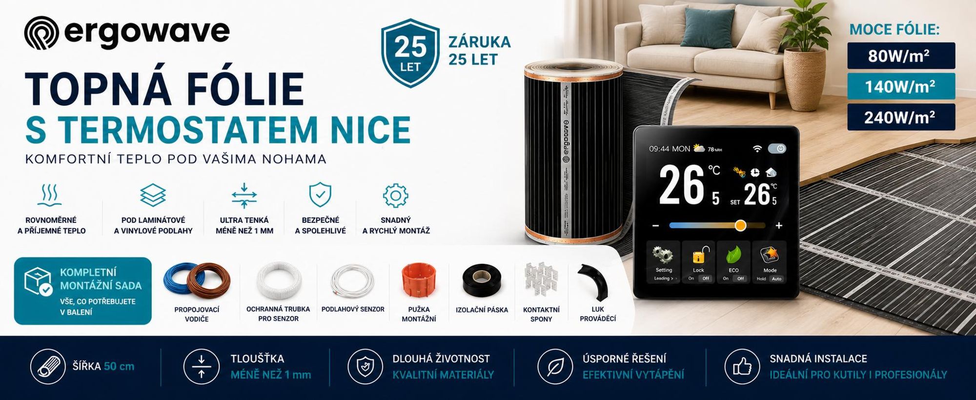 Sada infračervená topná fólie 140 W-8 m² s termostatem SMART WIFI