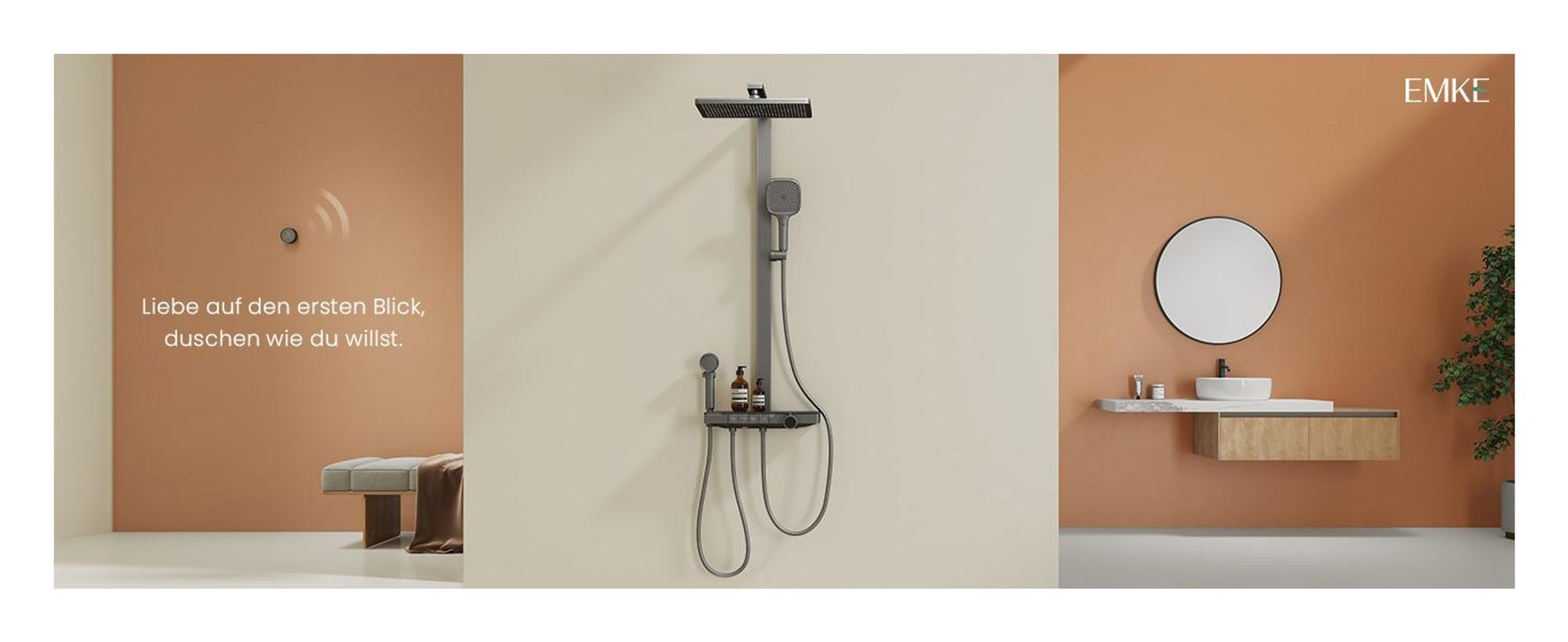 EMKE® Duschsystem mit Thermostat Matt Anthrazit mit Kinderdusche, Digitalanzeige & Chlorfilter 4 Ausgänge Familienfreundlich Duschsäule F23