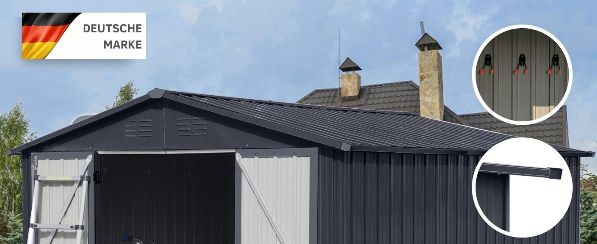 Albatros Profi Gerätehaus XXL – verzinktes Metall in Anthrazit (RAL 7016) | 259x313x192cm, 15,5m³ | Inkl. Schloss & Werkzeughaken | wetterfest