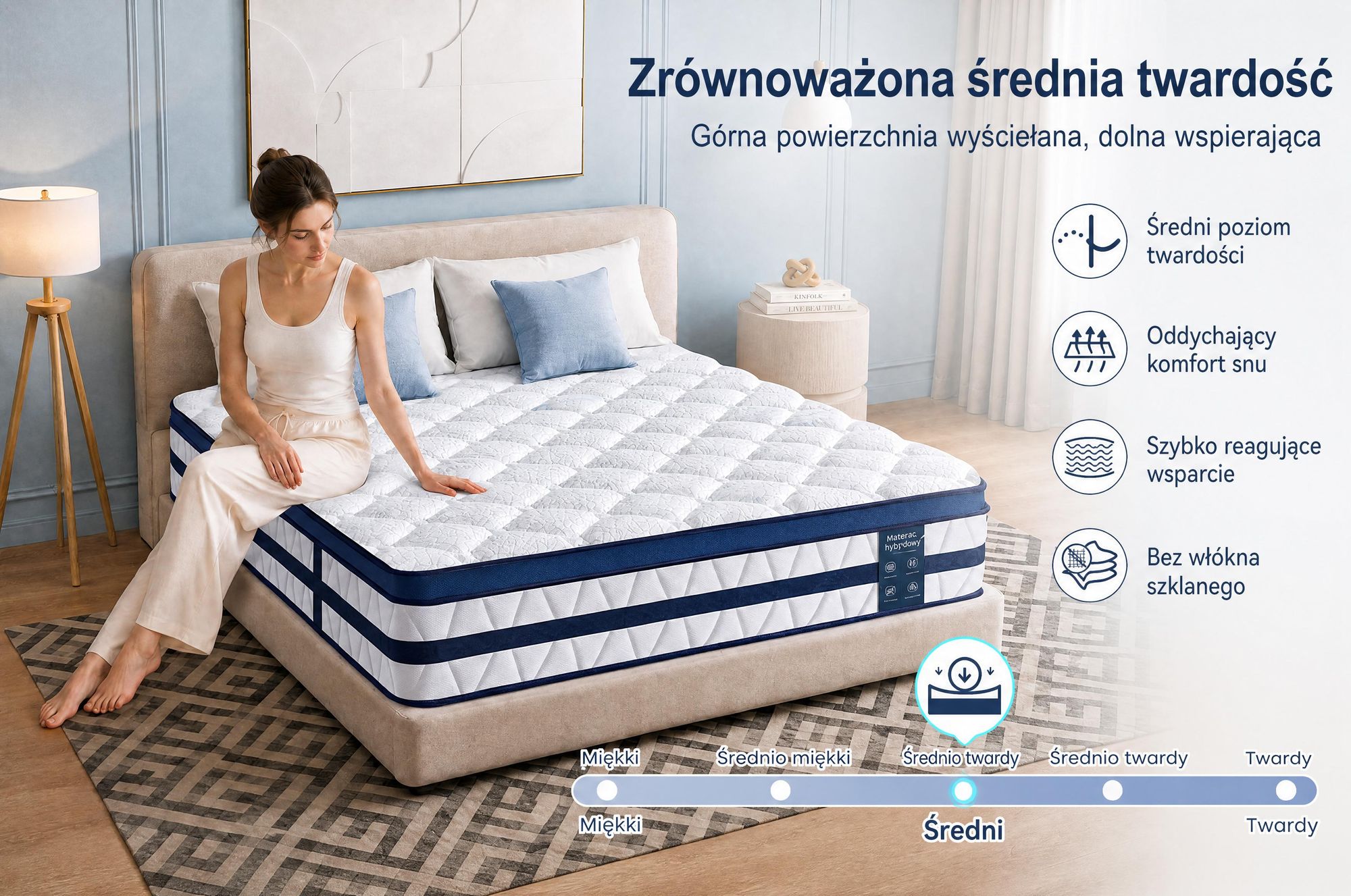 Materac 180x200 cm, 26 cm wysokości, z wbudowanym pokrowcem termoaktywnym, 7-strefowy materac sprężynowy kieszeniowy o twardości H3/H4 – wysokiej jakości pokrowiec o gramaturze 420 g/m²