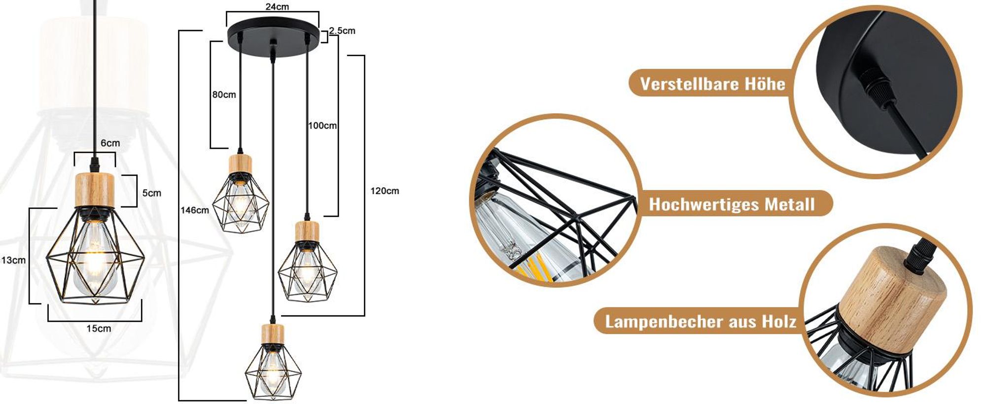 ZMH Pendelleuchte Esstisch Hängelampe 3 Flammig Esszimmerlampe E27 Küchenlampe Rund Industrial Hängelampe für Esszimmer Küche (ohne Leuchtmittel)