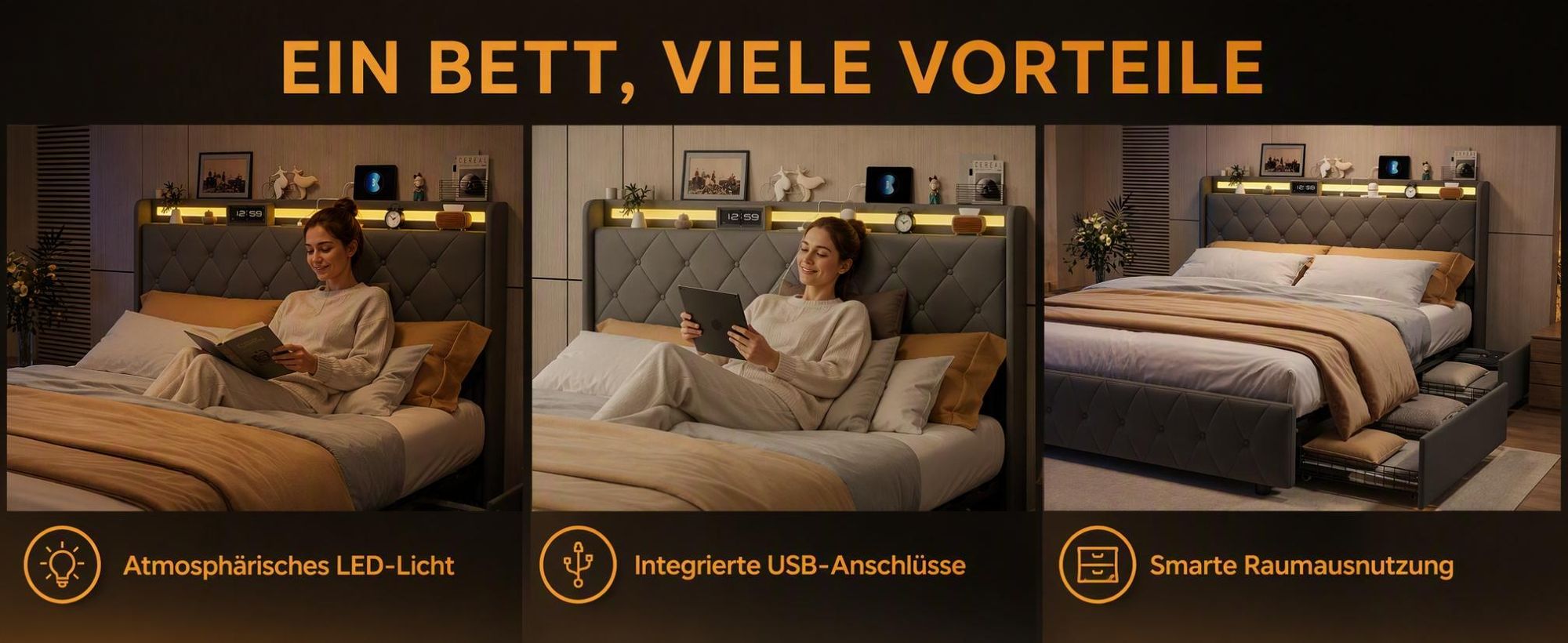 INONEFT Boxspringbett Polsterbett 160x200 mit LED & USB/C,Doppelbett Bett mit 4 Schubladen und Lattenrost,Bettgestell mit Stauraum-Kopfteil,Samt Grau