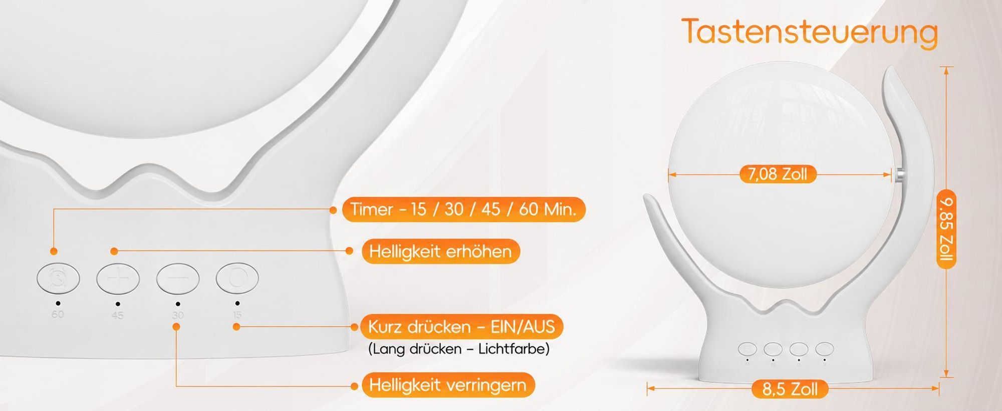 Stufenlos dimmbare Lichttherapielampe,UV-frei, 10.000 Lux, Therapielampe, rotierende Lichttherapielampe mit 5 Helligkeiten, 3 Farbtemperaturen, timbar