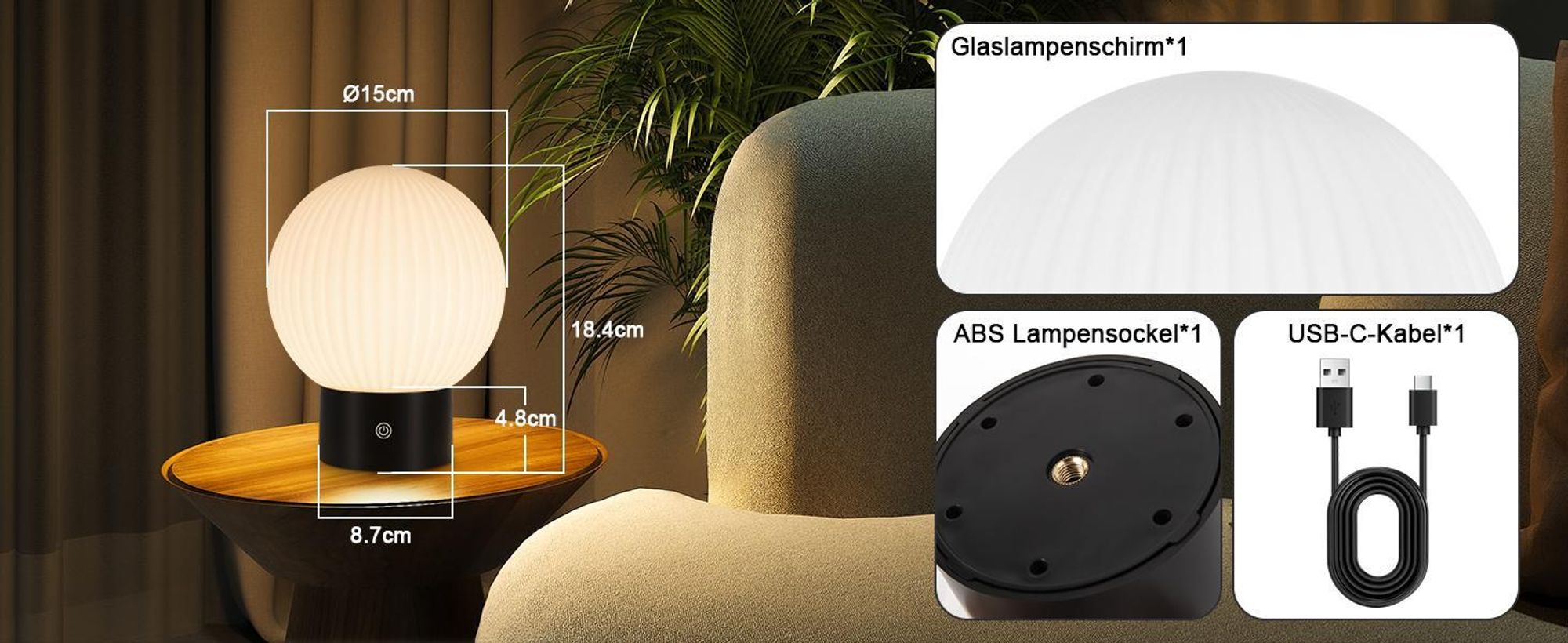 ZMH Lampa Stołowa Bezprzewodowa Lampa Nocna LED Akumulatorowa Lampa Stołowa Biała Ściemnialna Lampa Dotykowa Akumulatorowa Lampa Stołowa USB Okrągłe Szklane Lampy Stołowe