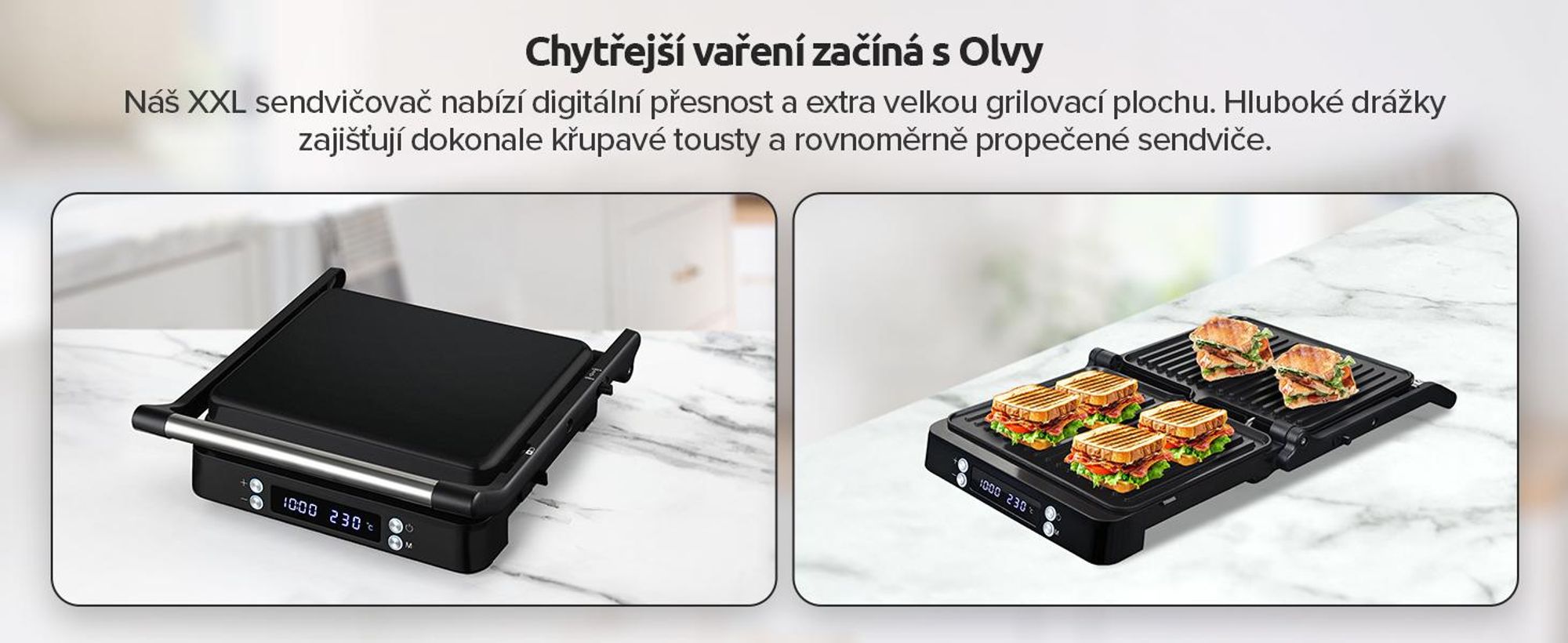 Kontaktní gril Olvy XXL 2000W - sendvičovač pro 4 sendviče, panini maker se 7 programy, stolní gril s displejem, bez PFAS, nastavitelný do 230°