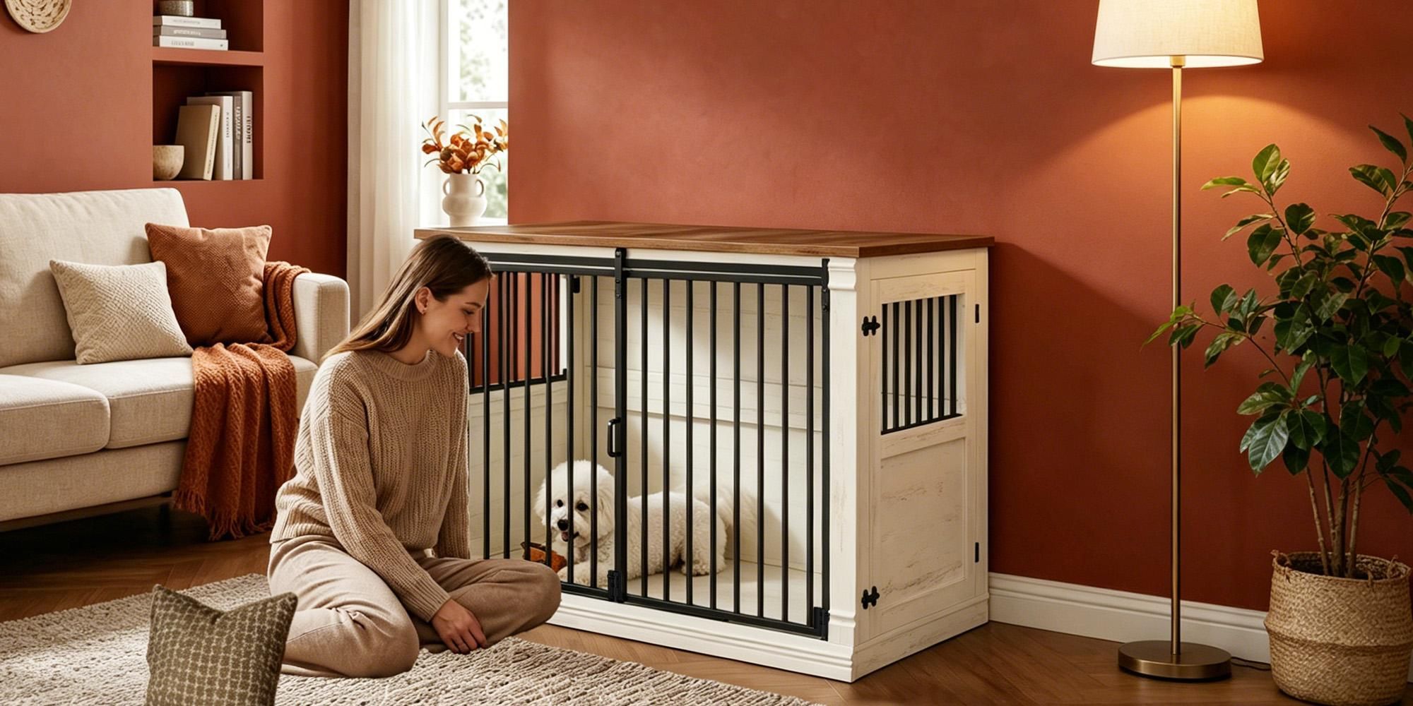121cm Hundekäfig Möbel, Hundebox für Zuhause mit 3 Türen | Hundebox Holz, Schiebetüren, für Kleine, Mittlere, Große Hunde, Robuster, Beistelltisch
