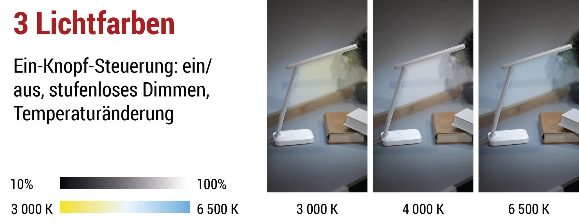 EMOS LED Akku-Tischlampe AMY 6W, 200lm, 800mAh Li-Ion Akku, 35h Leuchtdauer, Handyständer, dimmbar, einstellbare Lichtfarbe, 1,2m USB-Kabel, Z7631