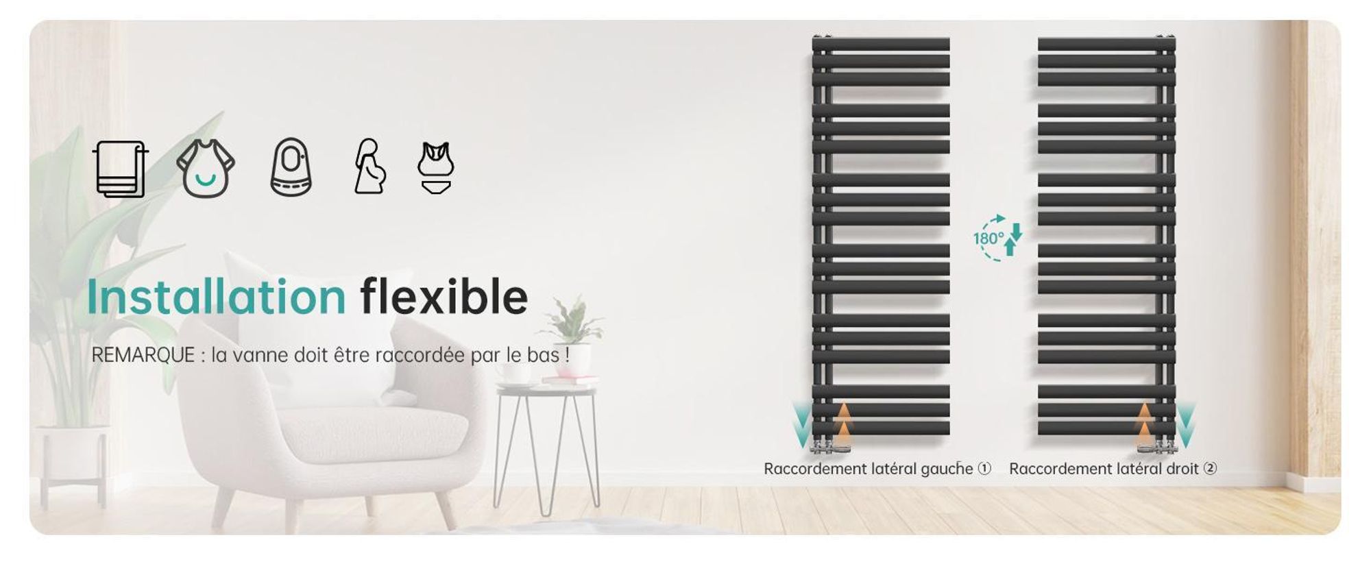 EMKE Radiateur de salle de bain tubulaire ovale Radiateur sèche-serviettes Radiateur tubulaire vertical Raccord latéral pour eau Anthracite 174×60cm sans thermoplongeur