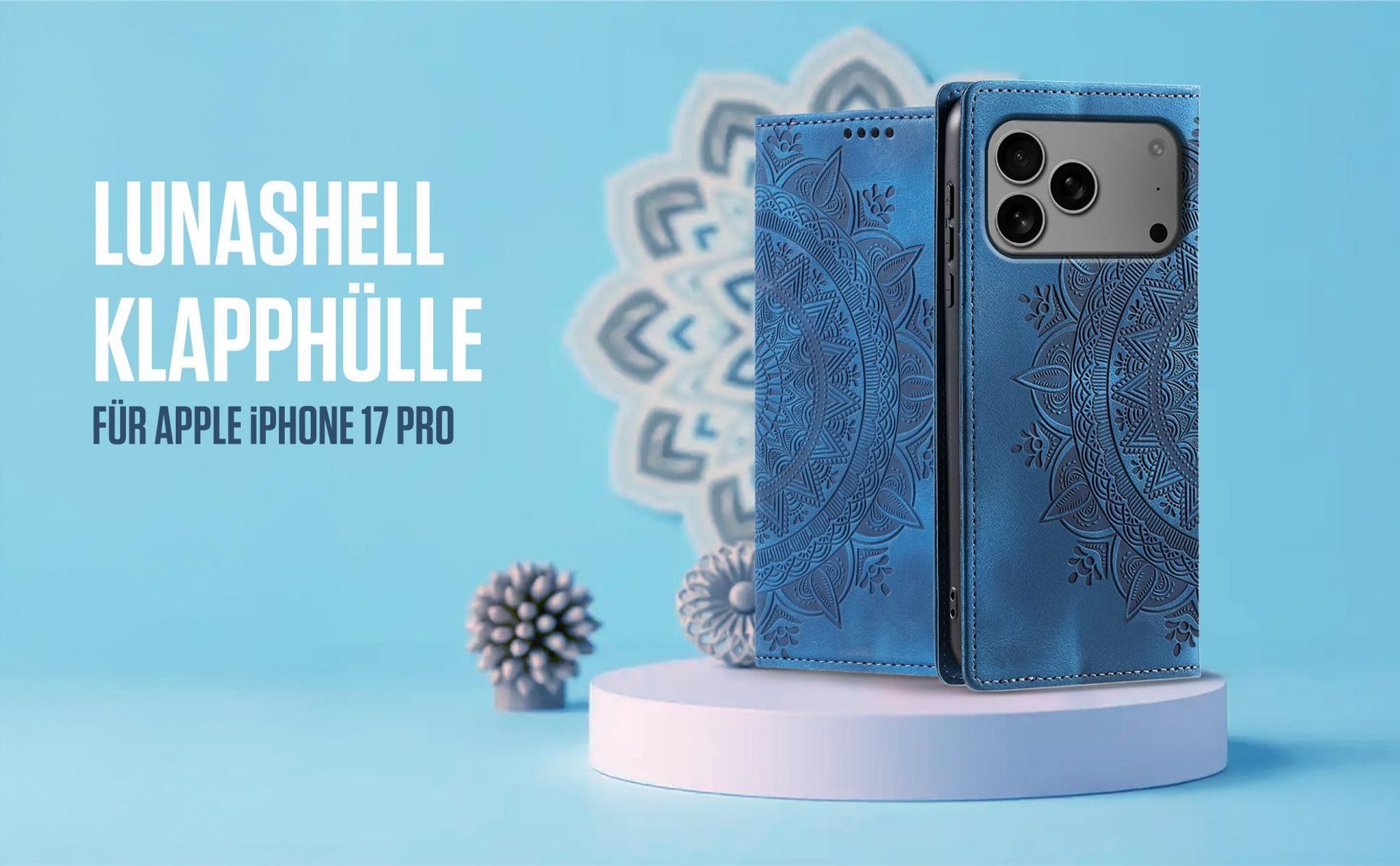 Blaue Klapphülle für Apple iPhone 17 Pro mit feiner Mandala Prägung