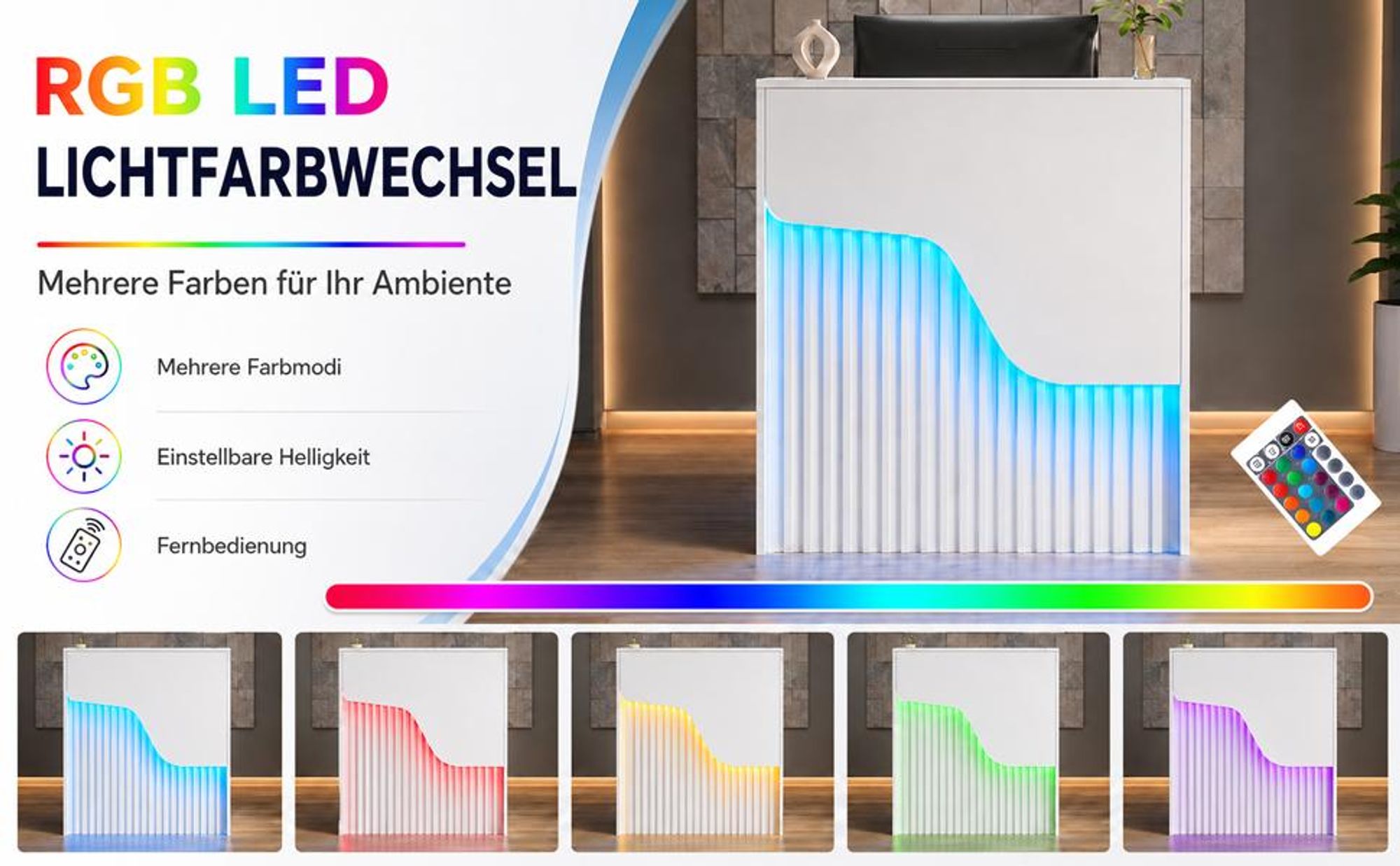 Empfangstheke mit LED-Beleuchtung, Moderner Rezeptionstresen mit abschließbarer Schublade, Kompakter Empfangstisch für Salon, Büro, Hotel und Geschäft