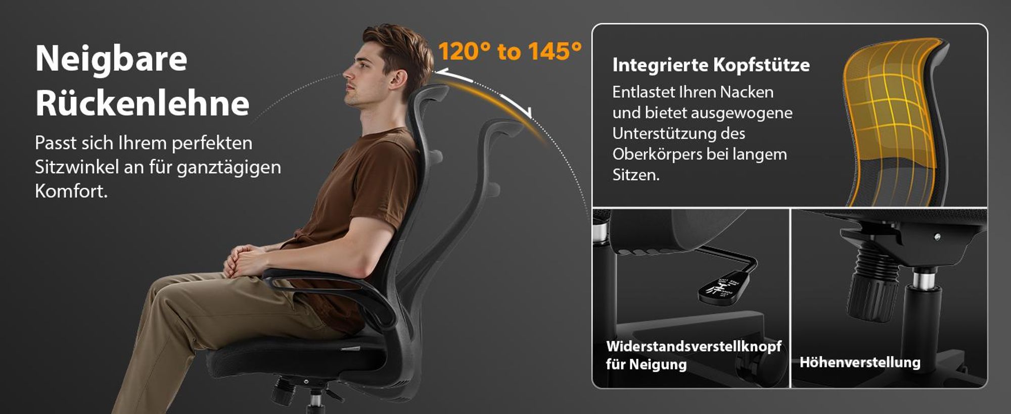 SENSE7 Revo Ergonomischer Bürostuhl Schreibtischstuhl Schwarz Klappbare Armlehnen Netzrücken Wippfunktion Homeoffice Chefsessel PC Stuhl 140 kg