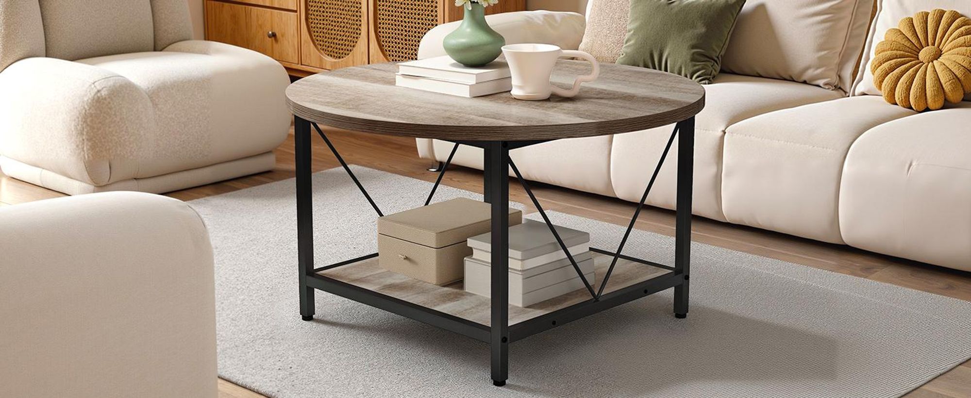 YITAHOME Couchtisch, Beistelltisch, Rund, Stauraum, Metallrahmen, 2-stöckig, 80x46cm