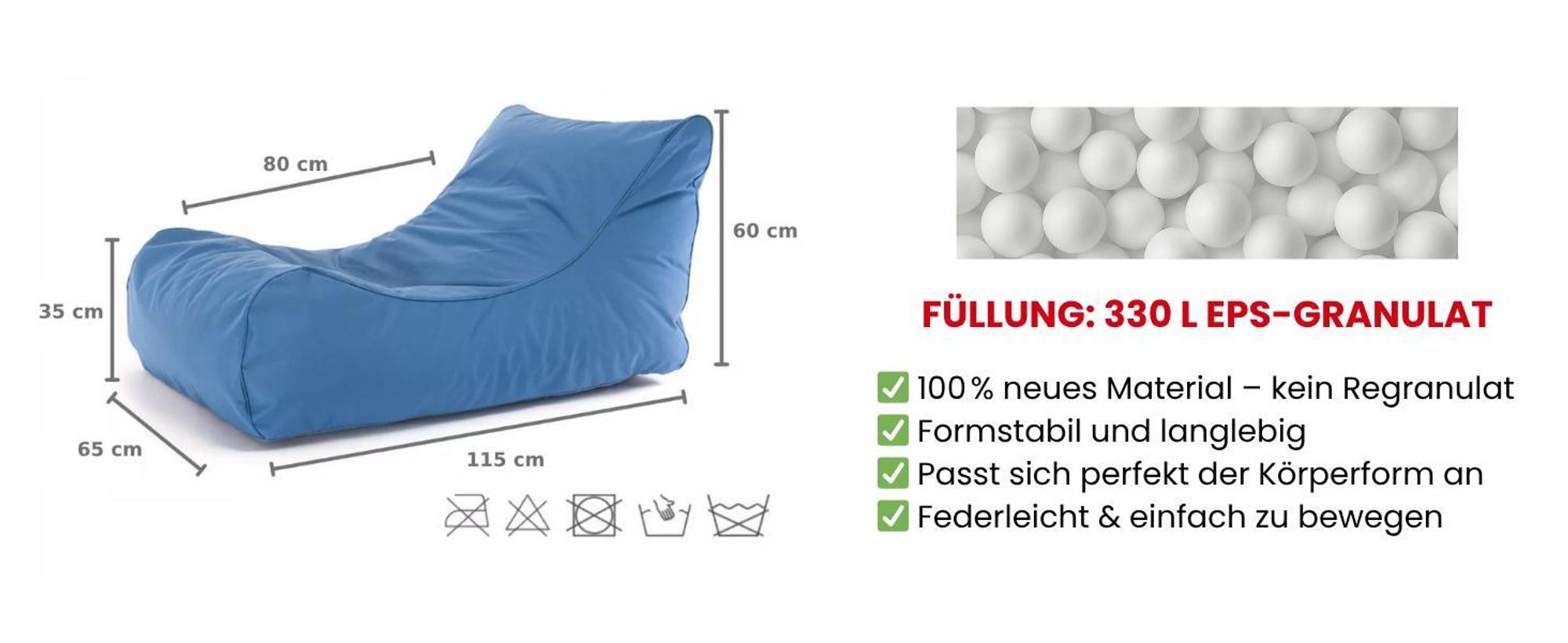 Grafik mit den Maßen eines Outdoor Sitzsacks und Details zur Füllung – ergonomische Form.