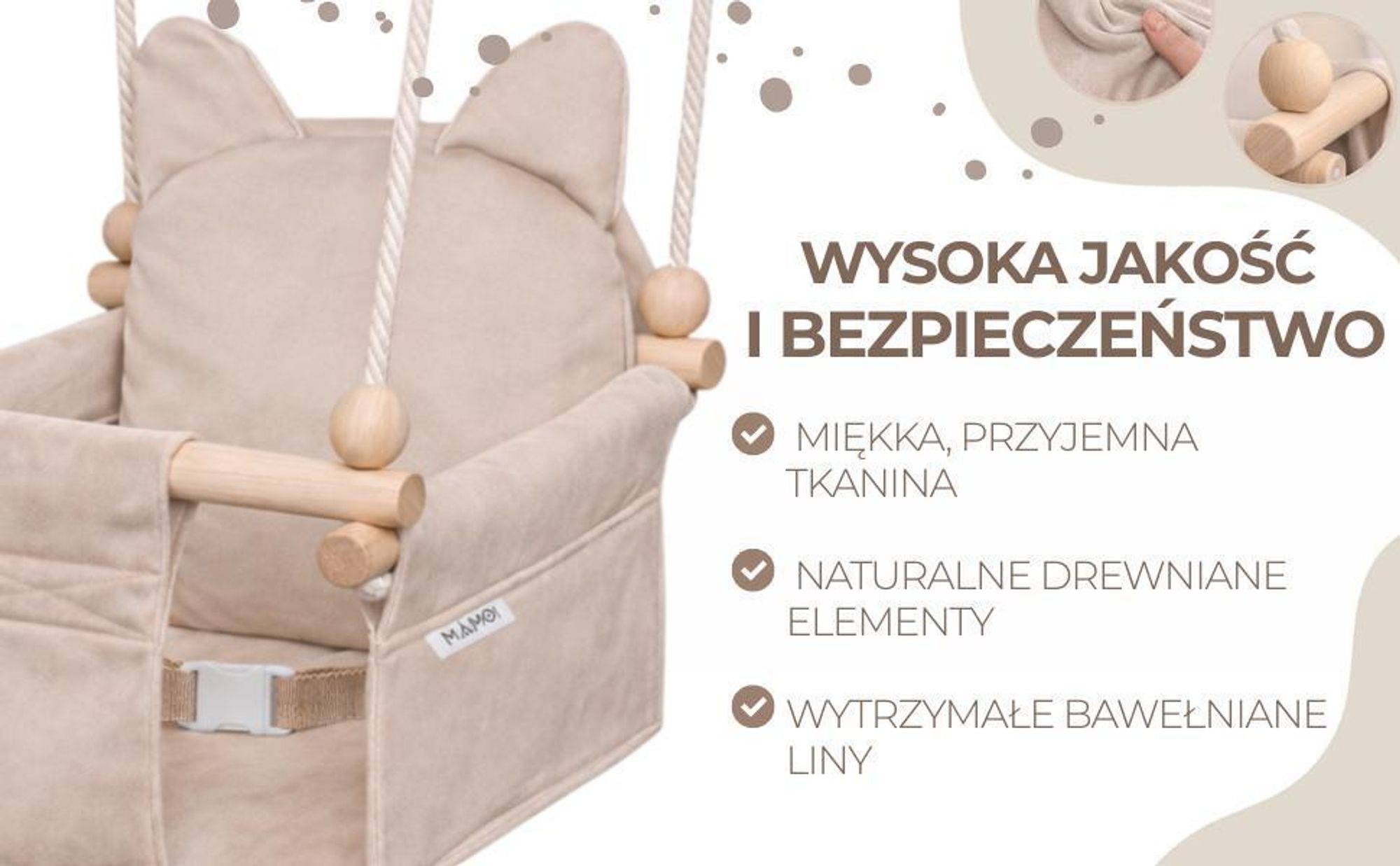 MAMOI Huśtawka dziecięca z pasem bezpieczeństwa, regulowana wysokość 150-190 cm, huśtawka do domu, stabilna konstrukcja, welurowe siedzisko