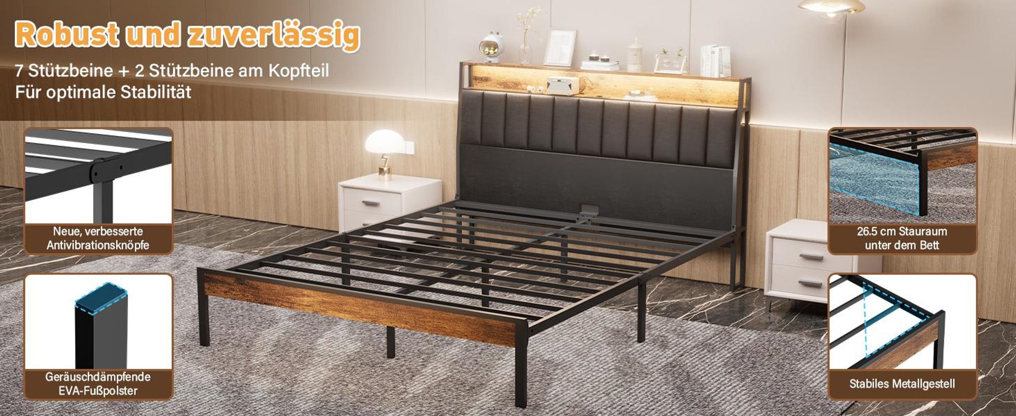 DEWINNER Bettrahmen 140 x 190, mit Metallgestell, 2-Personen-Bett, mit LED und Mehrfachsteckdosen (1 Steckdose, 2 USB-Anschlüsse), Doppelbett