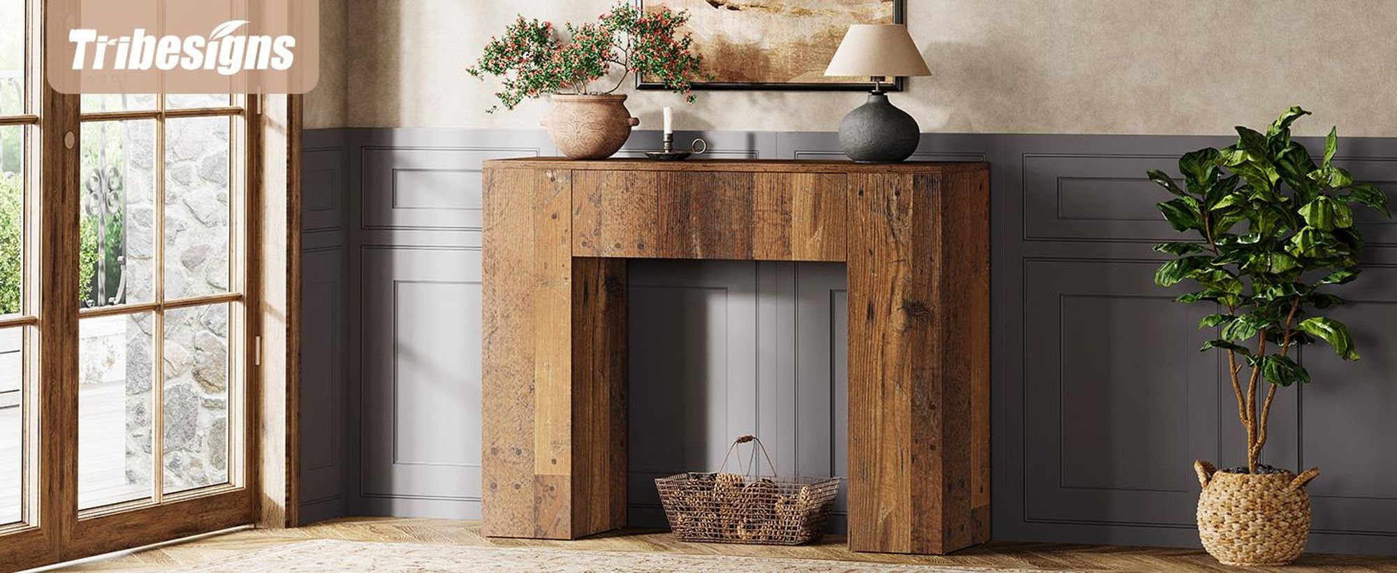 Tribesigns 100 cm Farmhouse-Konsolentisch, schmaler Sofa-Eingangstisch mit Schublade, kleiner Eingangstisch aus Holz , Flur, Foyer, Braun