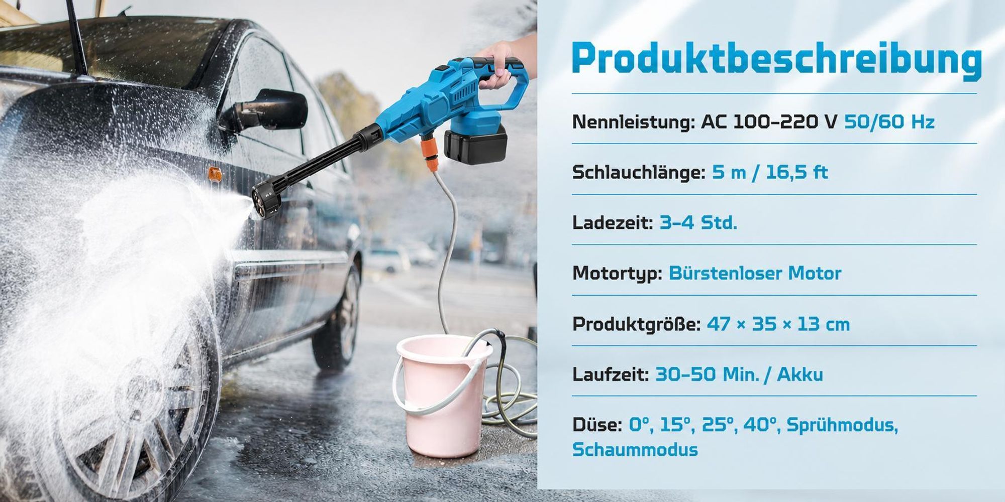 Akku Hochdruckreiniger 120 Bar, tragbarer Hochdruckreiniger kompatibel mit Makita G 18V Akkus, 6-in-1 Düse, 5 m Schlauch, für Auto & Garten, ohne Akku