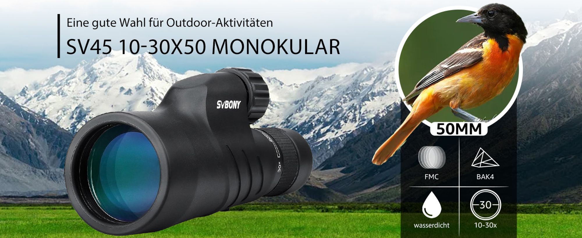 Svbony SV45 Monokulares Teleskop, 30X50 Monokular Fernrohr Erwachsene mit Tragetasche, für Erwachsene Vogelbeobachtung Reisen