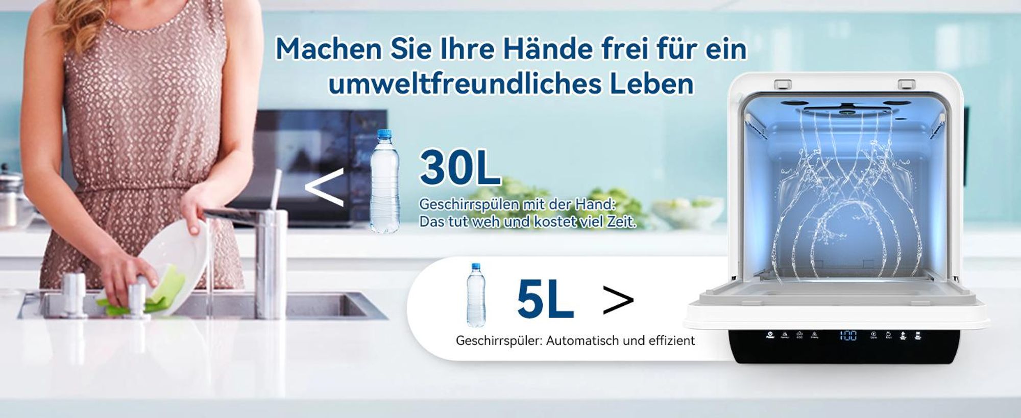 Puluomis Mini Geschirrspüler freistehend, Geschirrspülmaschine mit mit 7 Programe für 3 Gedecke, funktioniert mit/ohne Wasseranschluss, Schwarz