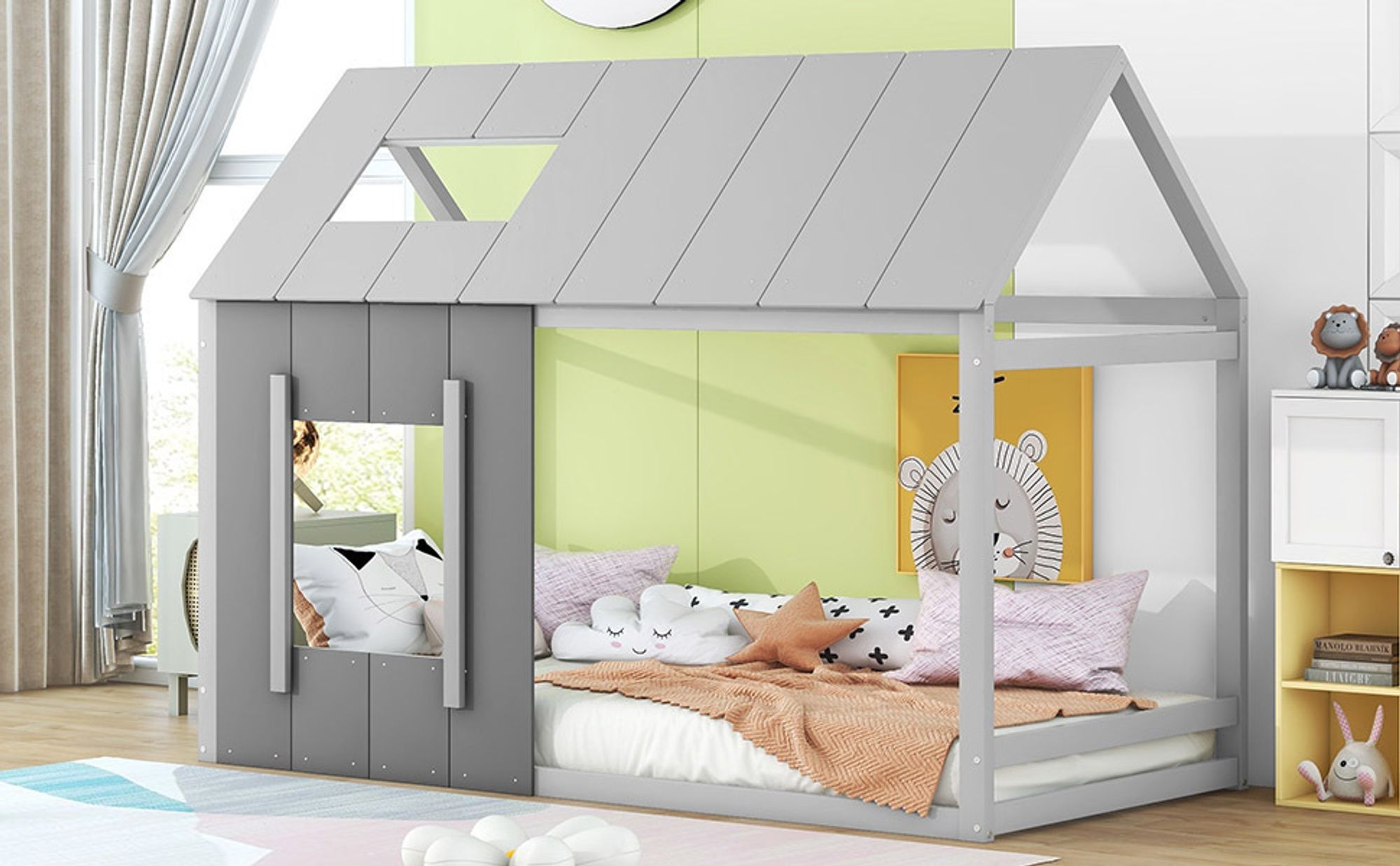 MODFU Kinderbett 90x200cm mit Lattenrost, Hausbett Jugendbett mit mit Dach und Fenster, Kiefernholzbett, Grau(Ohne Matratze)