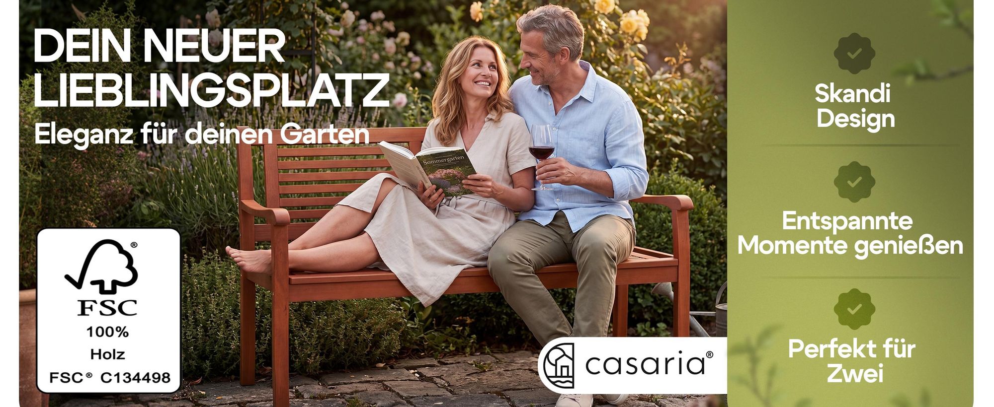 Casaria Gartenbank Holz 2-Sitzer Eukalyptus, FSC®-zertifiziert, wetterfest