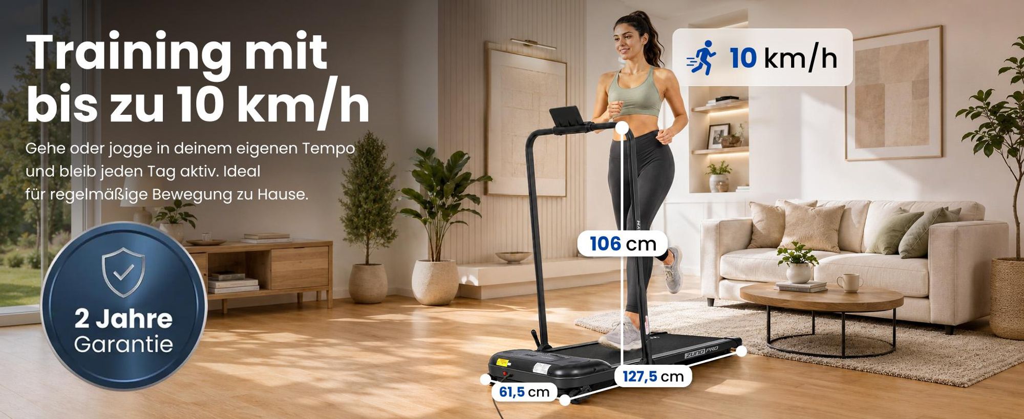 URBOGYM ZUNO PRO Laufband 2in1 Walking Pad klappbar bis 10 km/h, 120 kg, 12 Trainingsprogramme, 2 Steigungsstufen, Bluetooth, LED-Display