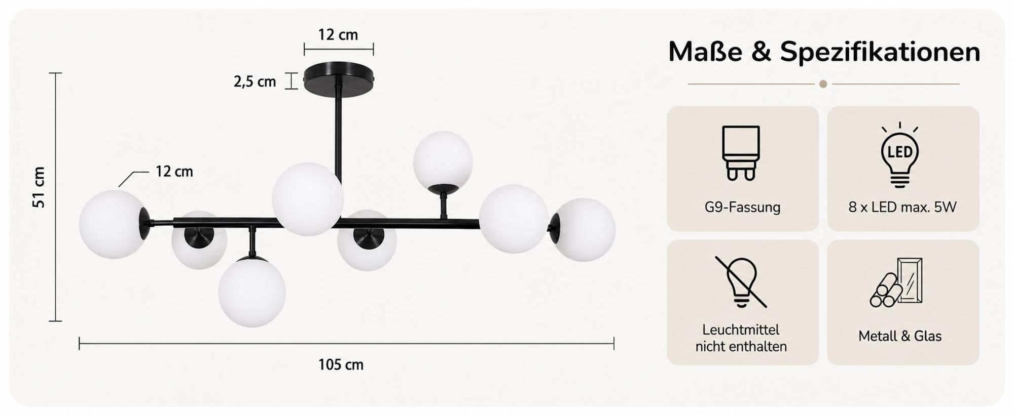 Lampada a soffitto a 8 luci, stile vintage, ideale per soggiorno, camera da letto, ufficio, corridoio o sala da pranzo. Diametro 105 cm. Attacco G9. Lampada da soffitto in vetro nero