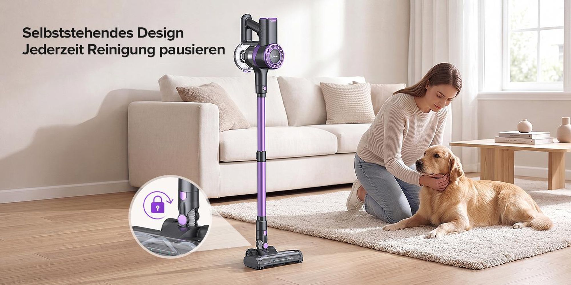Lubluelu P2 75000 Pa Akku-Staubsauger Saugleistung, Anti-Haar-Verwicklungsbürste, Grüne Beleuchtung, Freistehend, Teppiche & Hartböden
