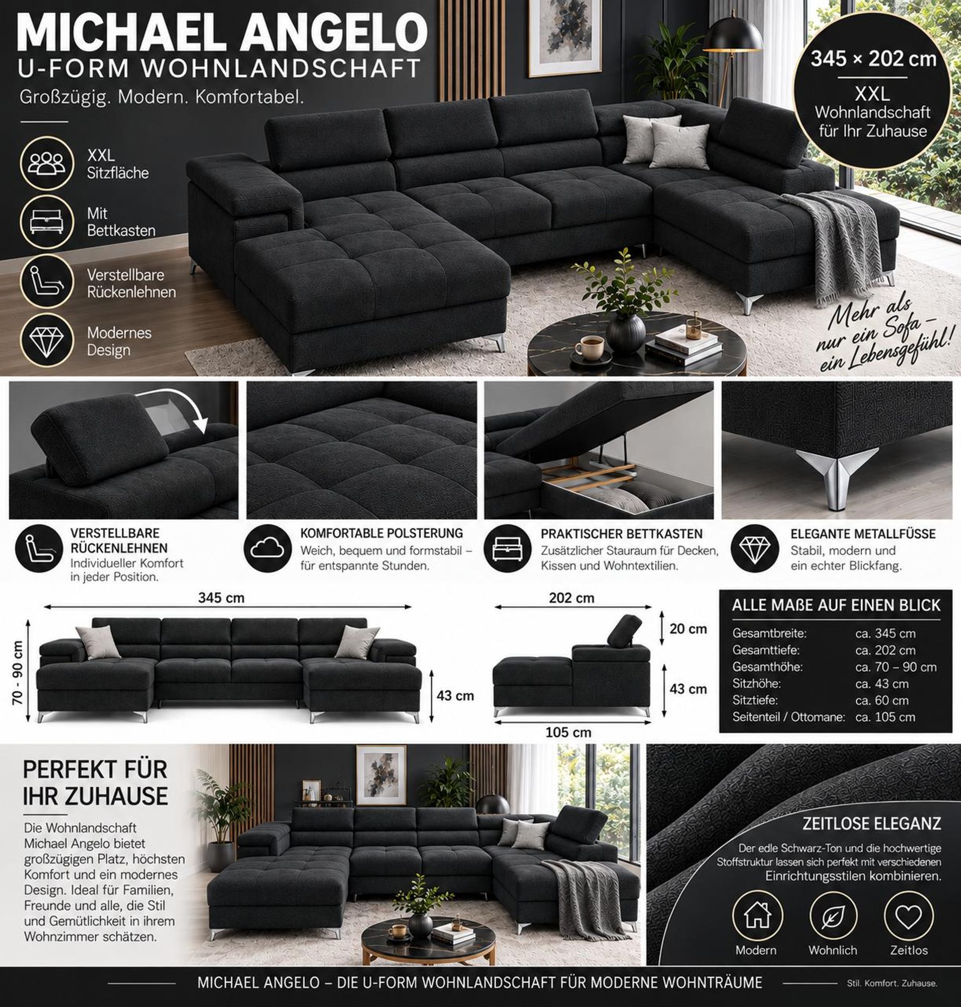 MICHAEL-ANGELO U-Form Ottomane Links Wohnlandschaft 345 x 90 x 202 x 202 cm, mit Bettkasten in Schwarz