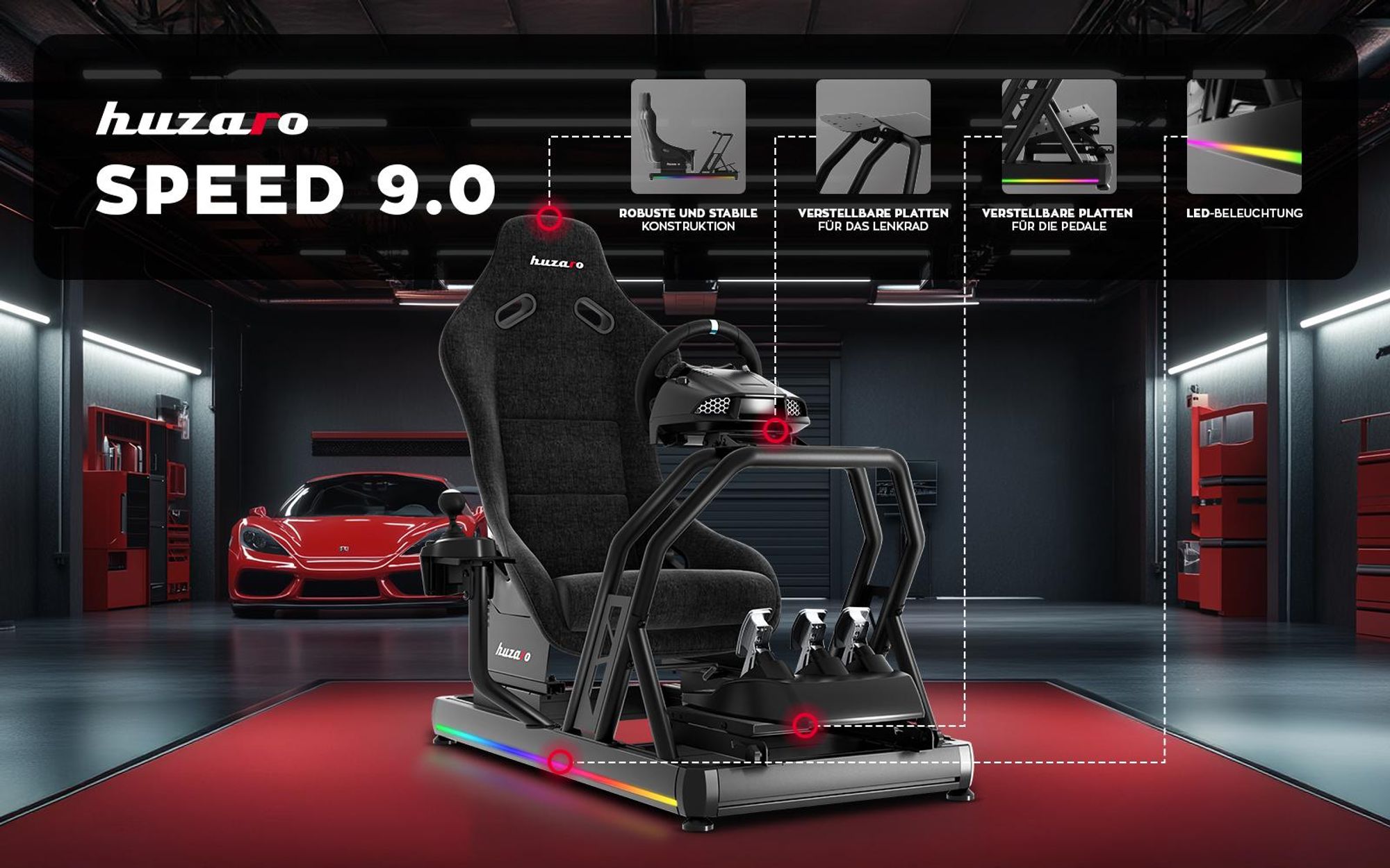 Huzaro Speed 9.0 | Racing Simulator Cockpit mit LED-Beleuchtungsfunktion F-GT | Frei verstellbar | mit allen Lenkrädern und Pedalen kompatibel 