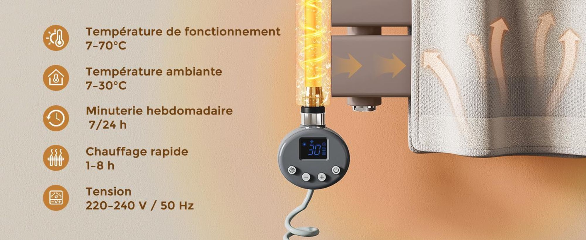 S'AFIELINA thermoplongeur avec thermostat 900W, minuterie programmable & affichage LCD, WiFi, pour radiateur de salle de bain, acier inoxydable, contrôle intelligent, anthracite