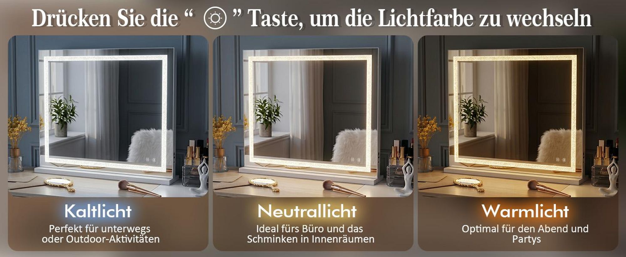 VANITII Hollywoodské kosmetické zrcadlo 80 cm x 58 cm s LED osvětlením 3 světelné režimy krystaly Bluetooth kosmetické zrcadlo do koupelny toaletní stolek Bílá