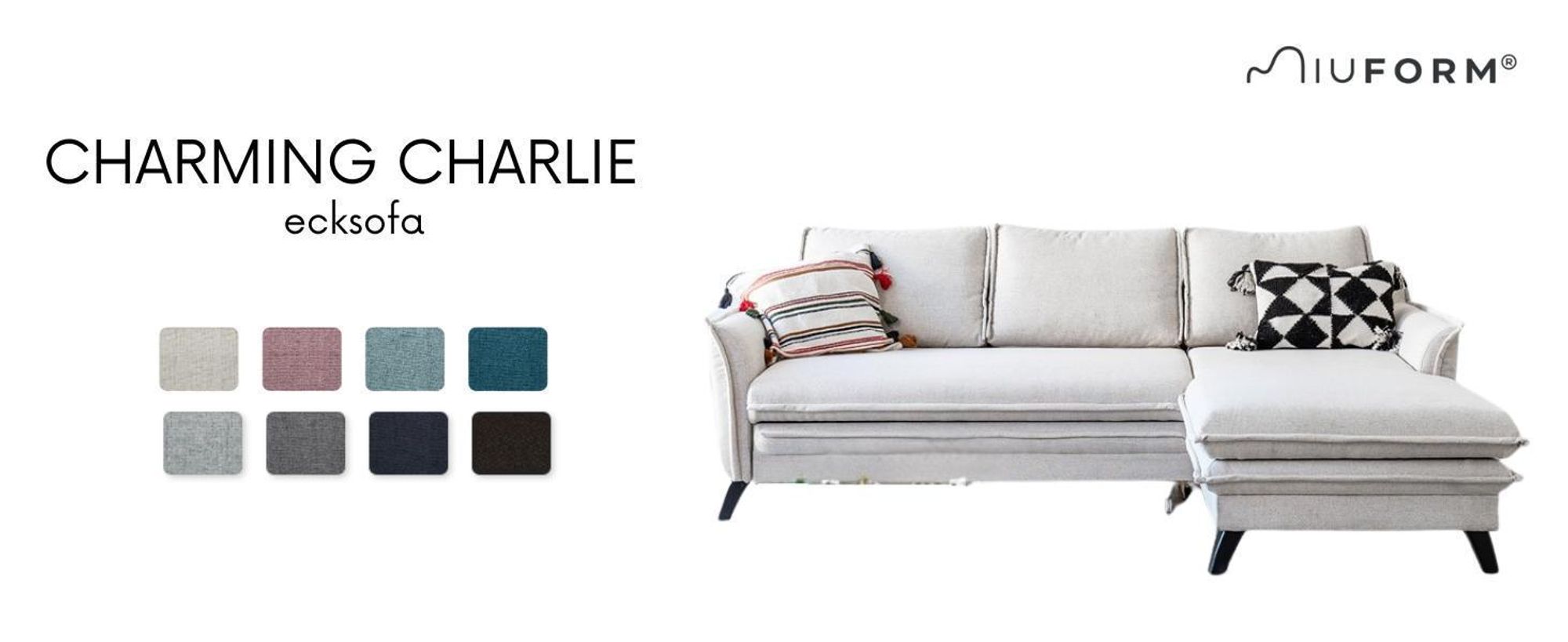 MIUFORM Charming Charlie - Ecksofa mit Bettfunktion und Bettkasten L-FORM RECHTS - 228x150cm - Dunkelgrau - Sofa Schlafsofa Couch