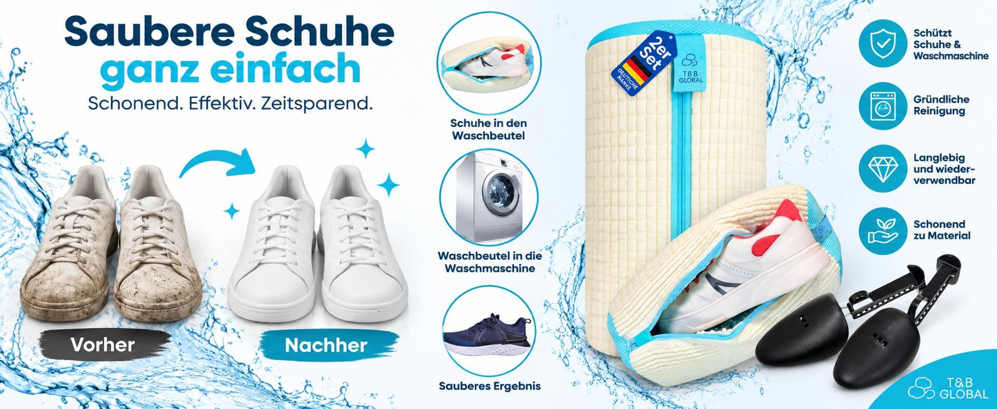 T&B Schuhwaschbeutel Waschmaschine – 2 Stück - Weiß -  360° Reinigung - Wäschesack Schuhe - wiederverwendbarer Schuhwaschsack für Sneaker, Turnschuhe,
