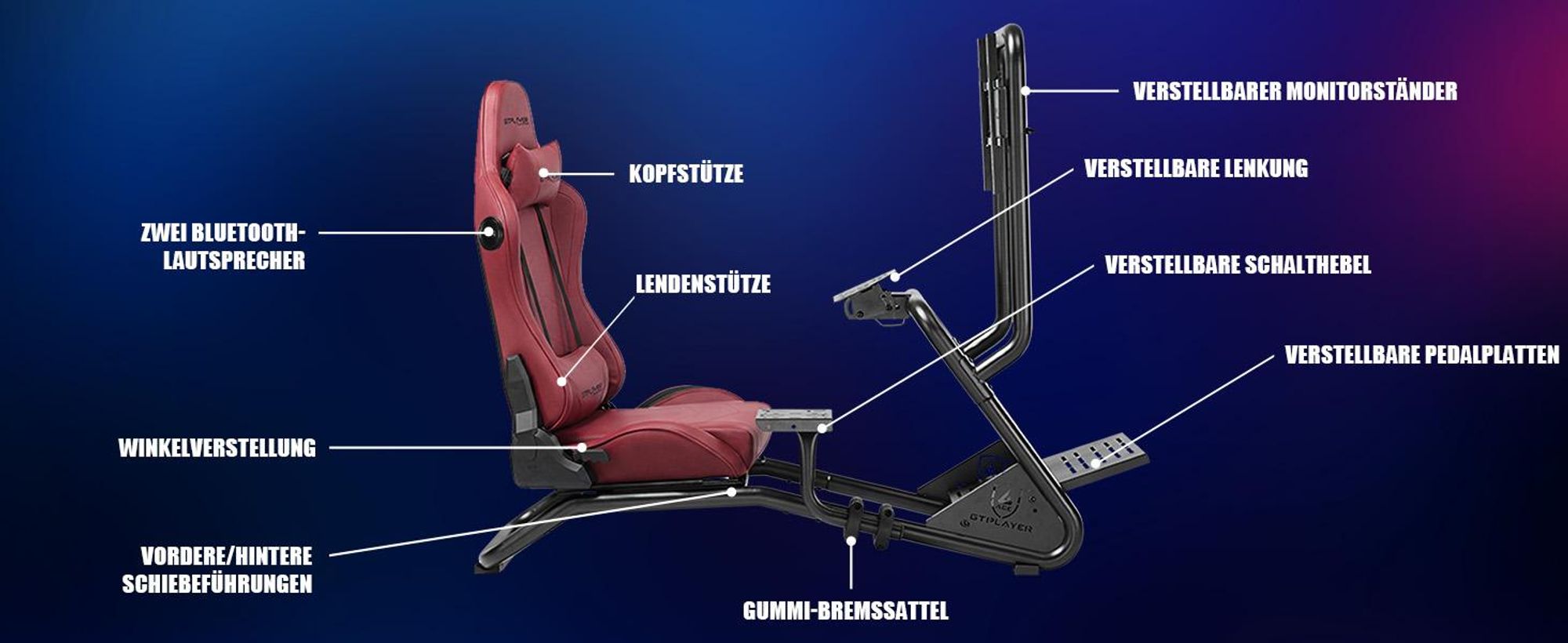 GTPLAYER Simulator Cockpit,Rennsimulator lenkradständer mit 3D-Stereo-Lautsprechern, Monitorhalterung, verstellbarer Lenkradhalterung, Schalthebelhalt