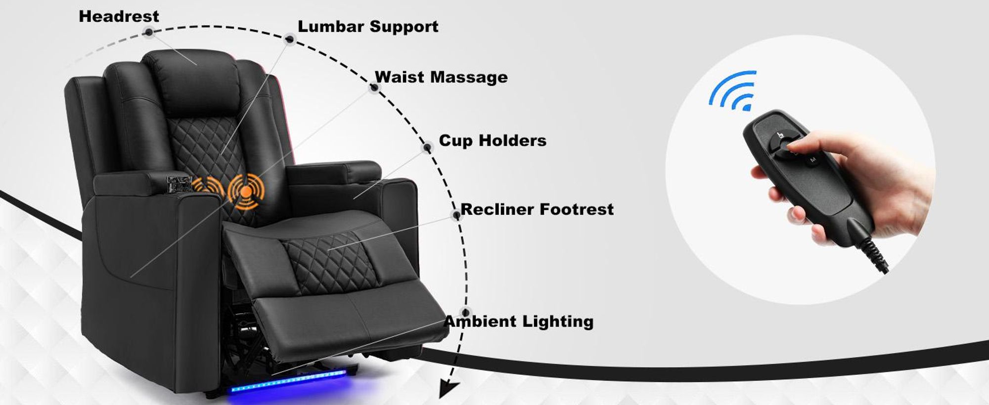 COMHOMA Fauteuil de relaxation électrique TV avec fonction massage, lumières LED, télécommande, sac de rangement et 2 porte-boissons