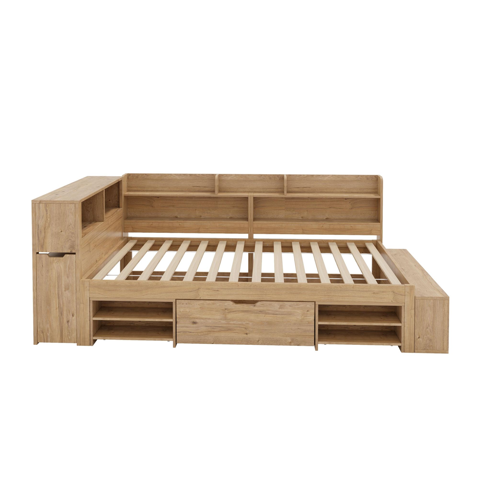Flieks Jugendbett 90x200cm mit Ladefunktion, Kinderbett Tagesbett Einzelbett mit Schublade,  Ausziehbarem Nachttisch und Regal, Klassisches Bett