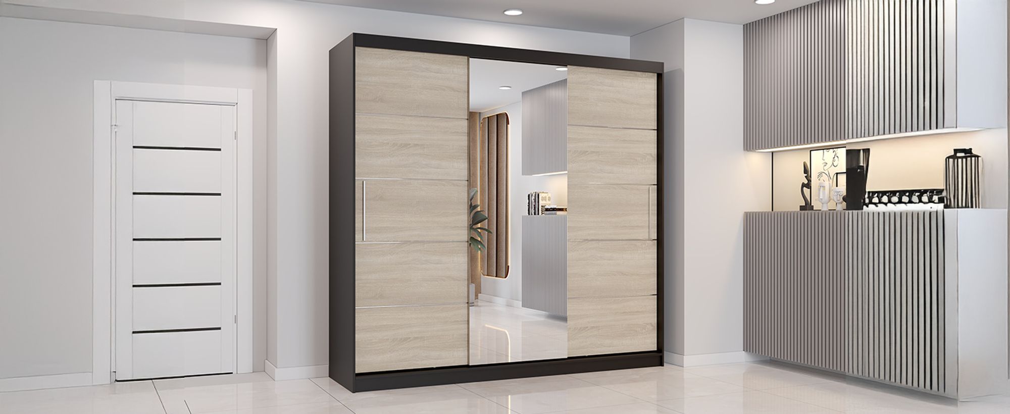 Schwebetürenschrank Astra, 233 cm, Schwarz/Sonoma, mit Spiegel