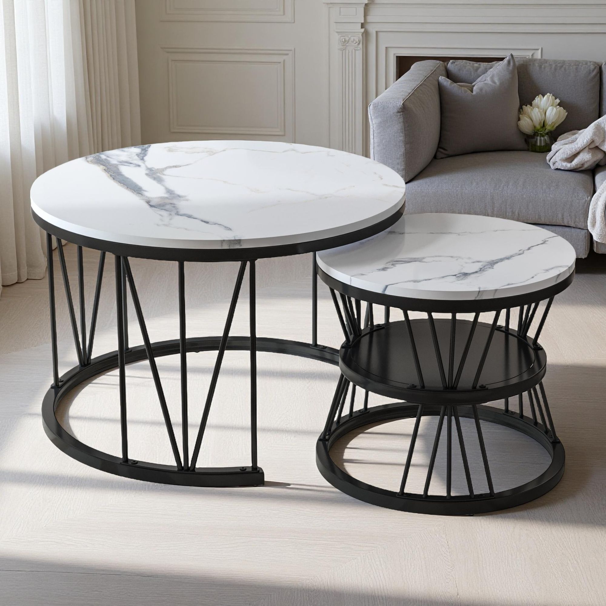 Fortuna Lai Couchtisch 2 in 1 Satztische in Marmoroptik 2er Set Beistelltisch mit Regal, Ø 70 x 45/Ø 45 x 40 cm, Gestell aus Metall, Schwarz