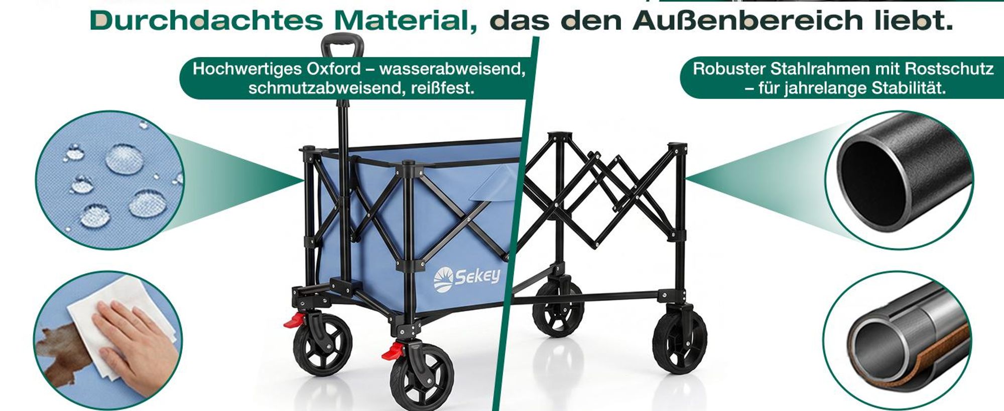 Sekey Bollerwagen faltbar 150 kg mit Bremsen, klappbarer Handwagen für Garten und Ausflug, Blau
