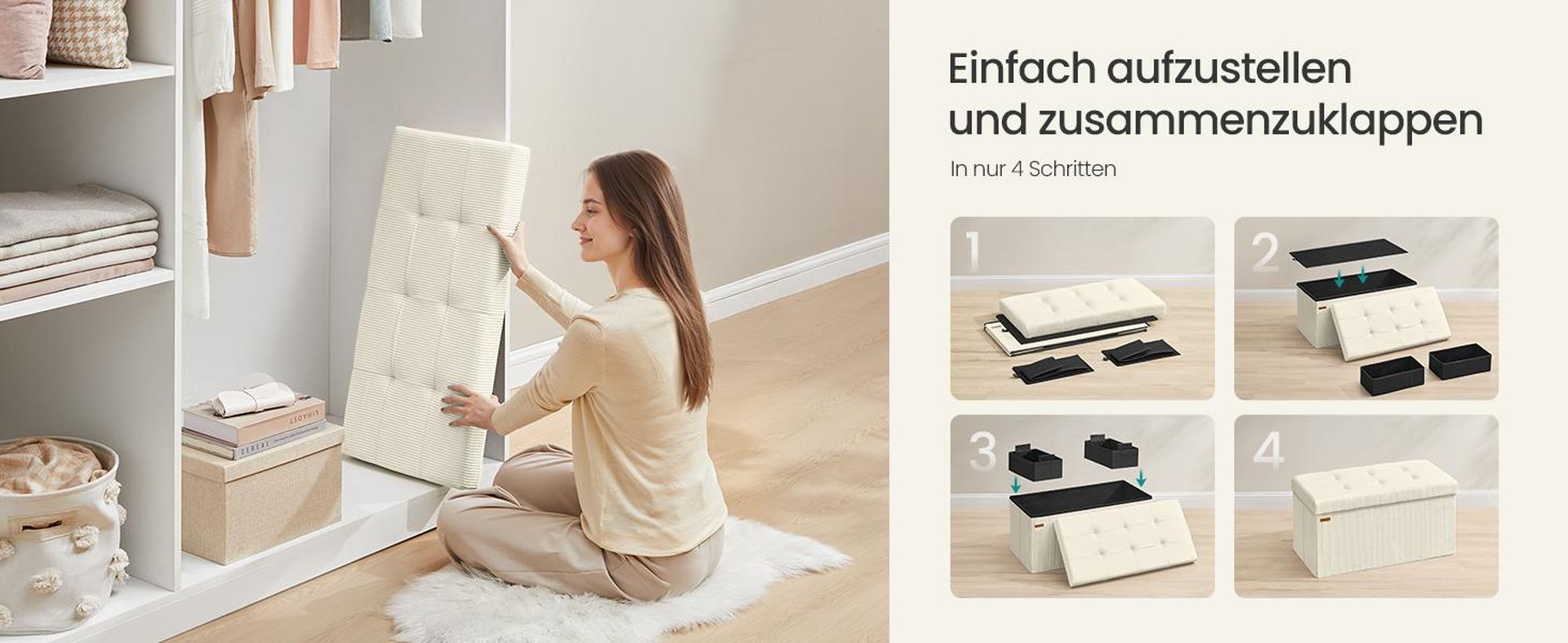 SONGMICS Sitzhocker mit Stauraum, klappbare Sitzbank, 38 x 76 x 38 cm Fußbank, Bettbank, Aufbewahrungsbox, bis 300 kg belastbar