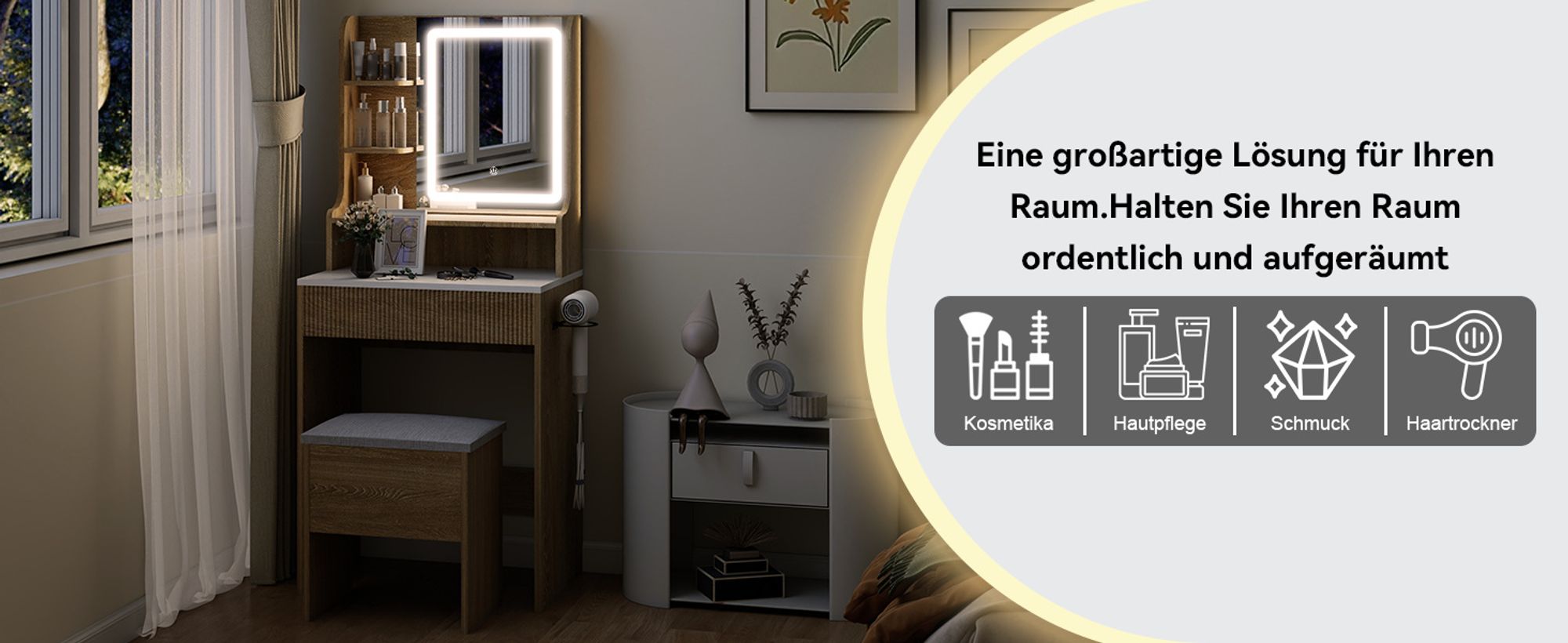 Puluomis Schminktisch mit LED Beleuchtung Spiegel, Kosmetiktisch Frisiertisch mit gepolstertem Hocker,3 Beleuchtungmodi, Holzfarbe