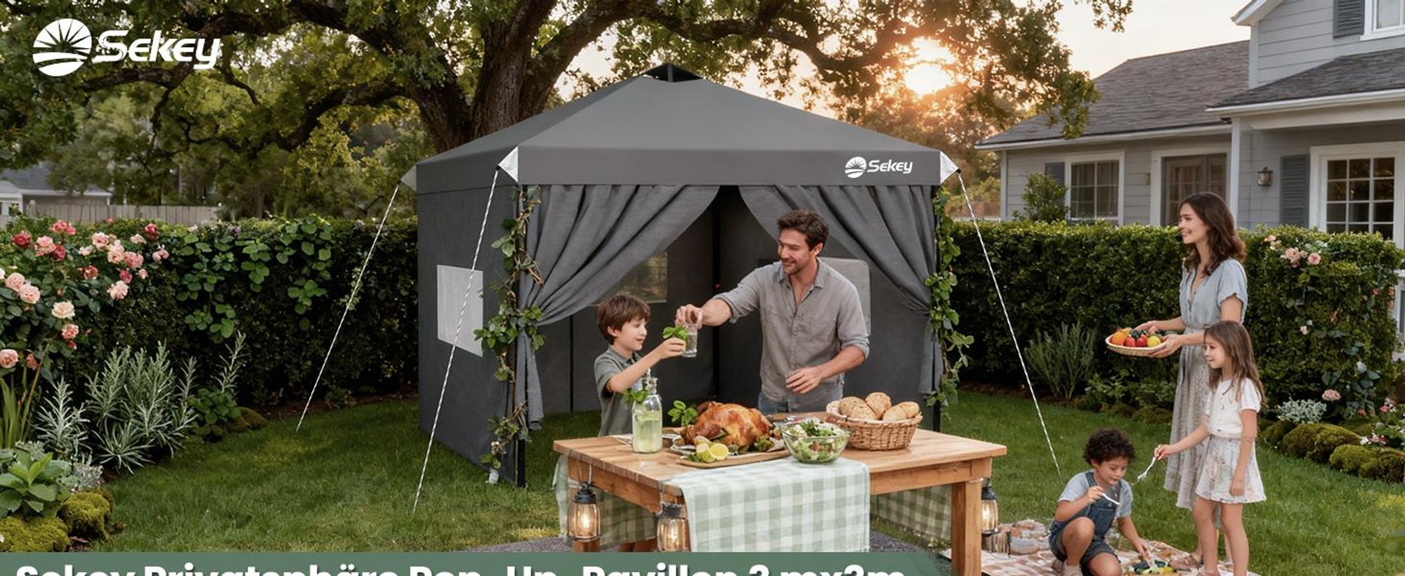Sekey Faltpavillon 3x3 m Gartenpavillon mit 4 Seitenteilen und Privatsphären Fenster