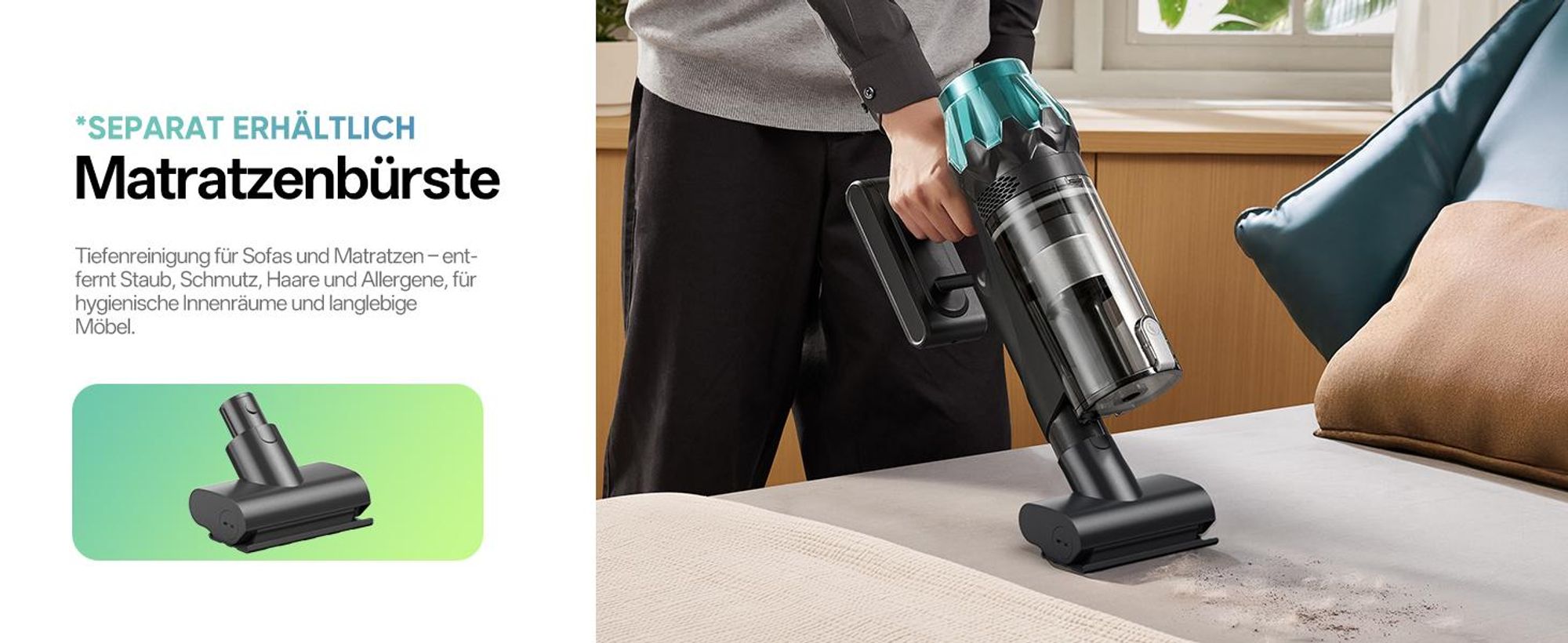 Vactidy V15 MAX Akku Staubsauger mit Wischfunktion, 76KPa/ 600W/65Min Staubsauger Kabellos, Knickrohr, Wandladestation, GreenEye