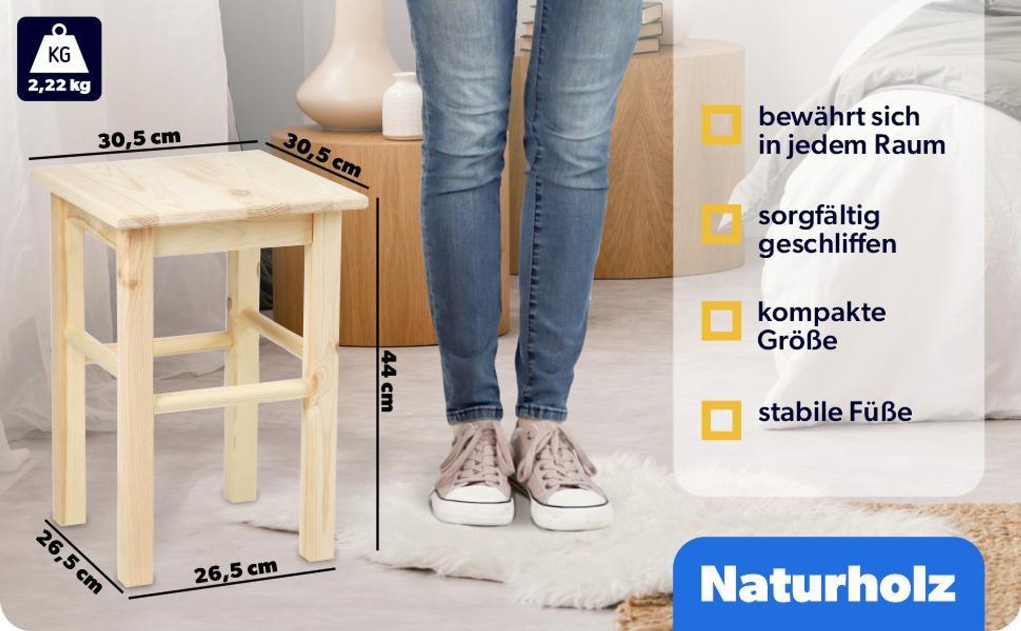 KADAX Holzhocker "Falun", aus natürlichen unlackierten Kiefernholz, Sitzhocker, Tritthocker, Quadratisch