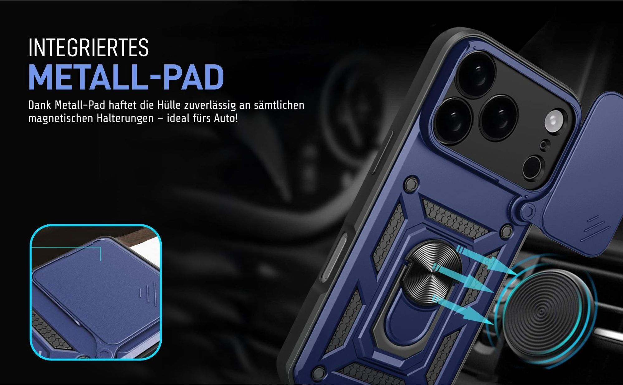 Bumper für Apple iPhone 17 Pro Max in Blau mit Metallplatte