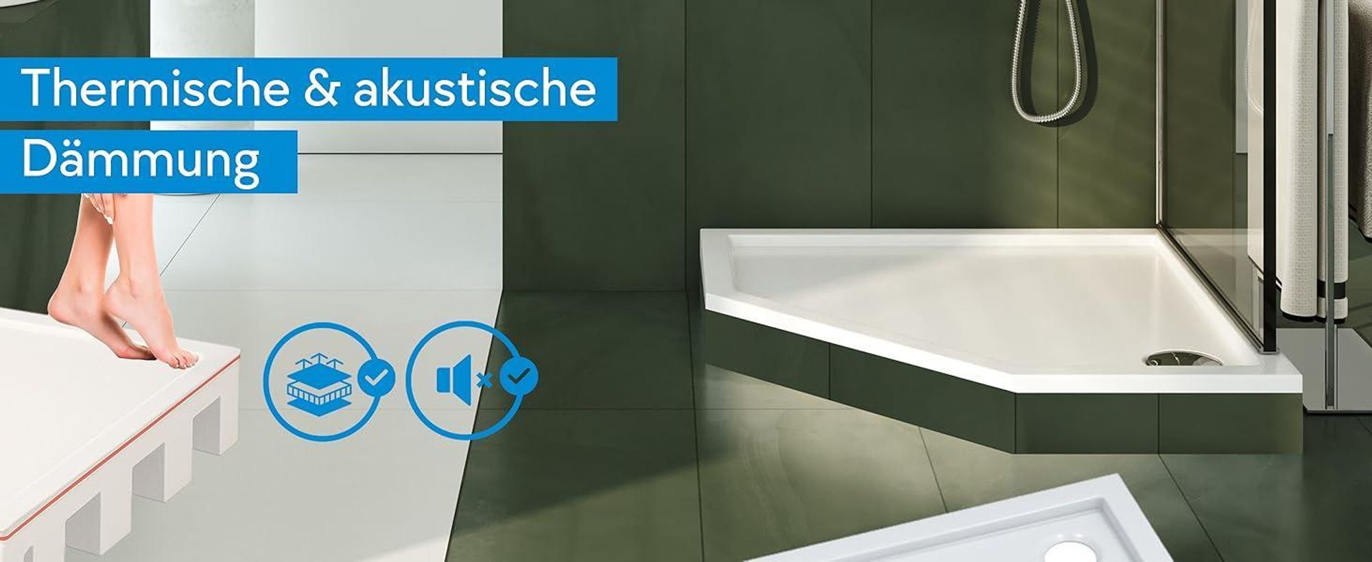 AQUABAD® Duschwanne Komplettset Basic Smooth White 90x90cm Fünfeck inkl. Styroporträger und Ablaufgarnitur Alcadrain A49CR