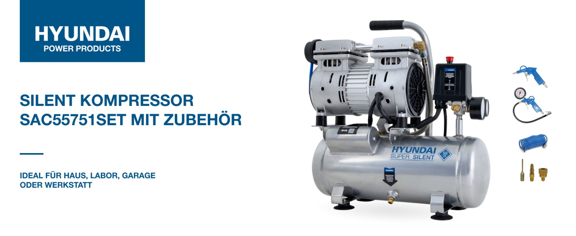 HYUNDAI Silent Kompressor SAC55751 SET (8 bar, 6L, tragbar, ÖLFREI, 59 dB, 550 W / 0.75 PS)