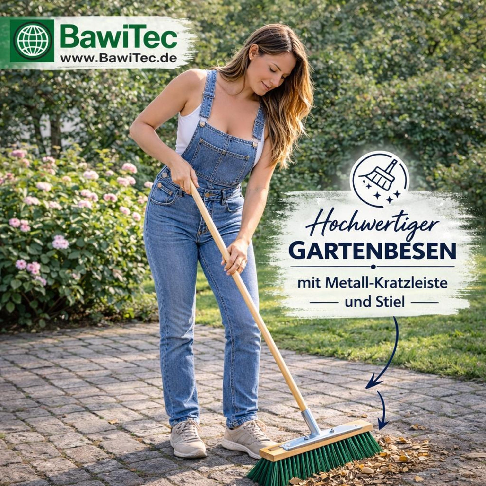 Hochwertiger Gartenbesen 40cm Breit mit Metall-Kratzleiste und Geräte-Holzstiel 140cm Lang grüne Borsten Straßenbesen Besen für Garten draussen